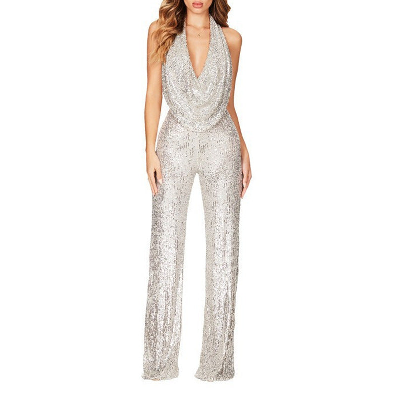 Women's Durable Summer Sleeveless Halter Sequined Jumpsuits