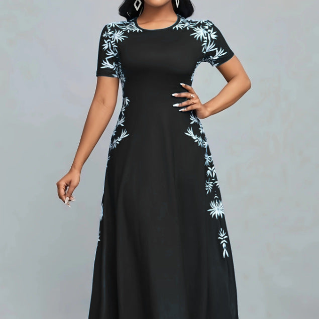 Women's Temperament Crew Neck Printed Fashion High Dress