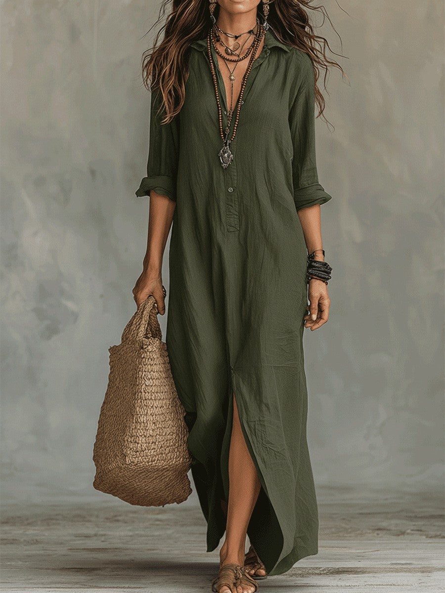 Shirt Collar Floor Casual Slit Long Dress