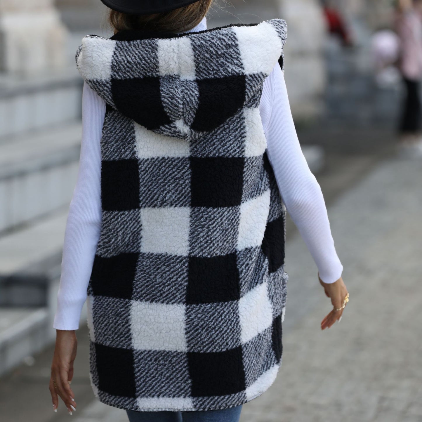 Women's Veet Casual Mid-length Hooded Sleeveless Plaid Coats