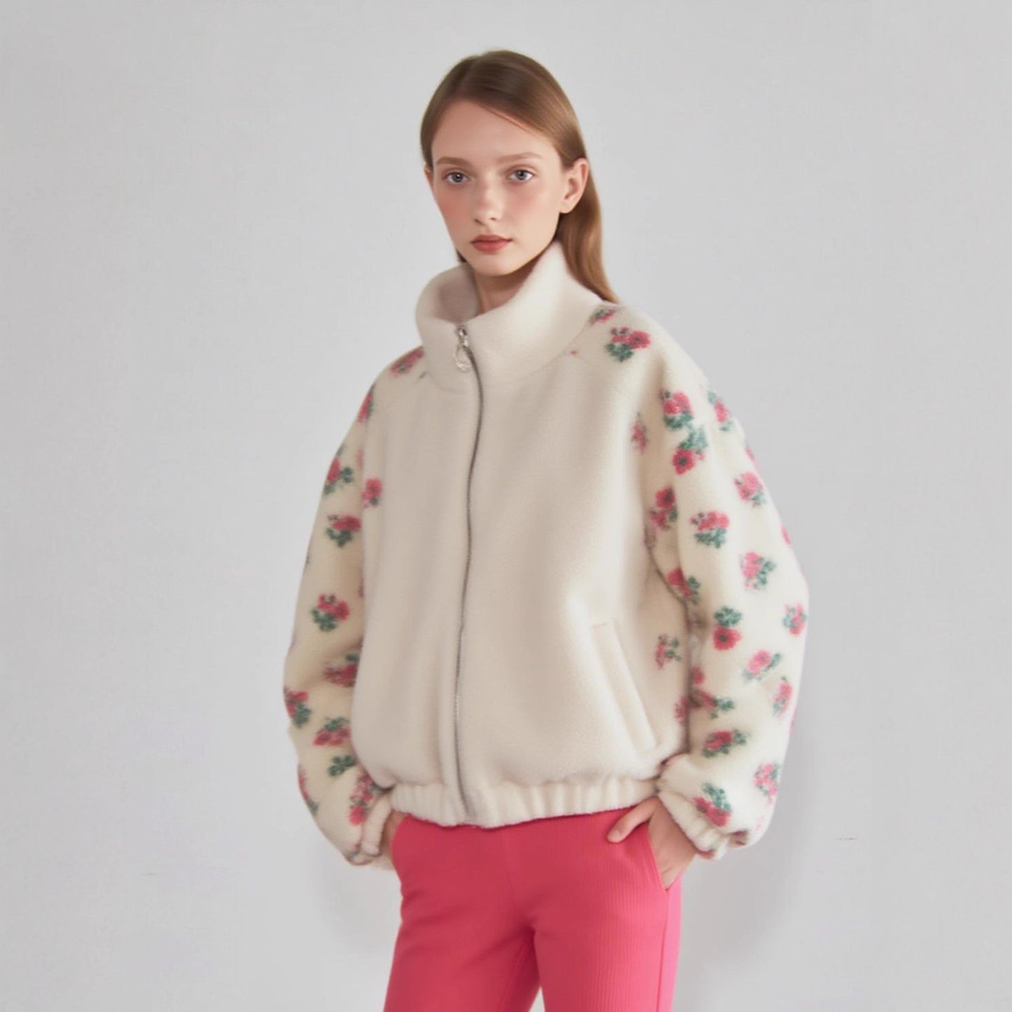 Women's Fashion Loose Polar Fleece Floral Stitching Coats