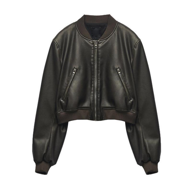 Spring Retro Stand Collar Loose Motorcycle Faux Coats