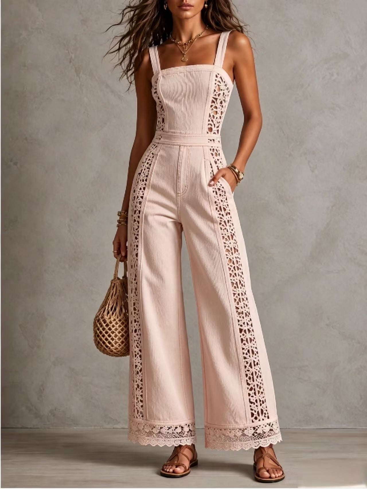 Women's Vacation Style Hollow Crochet Denim Lace Ruffled High Waist Wide Women's Jumpsuit/clothing