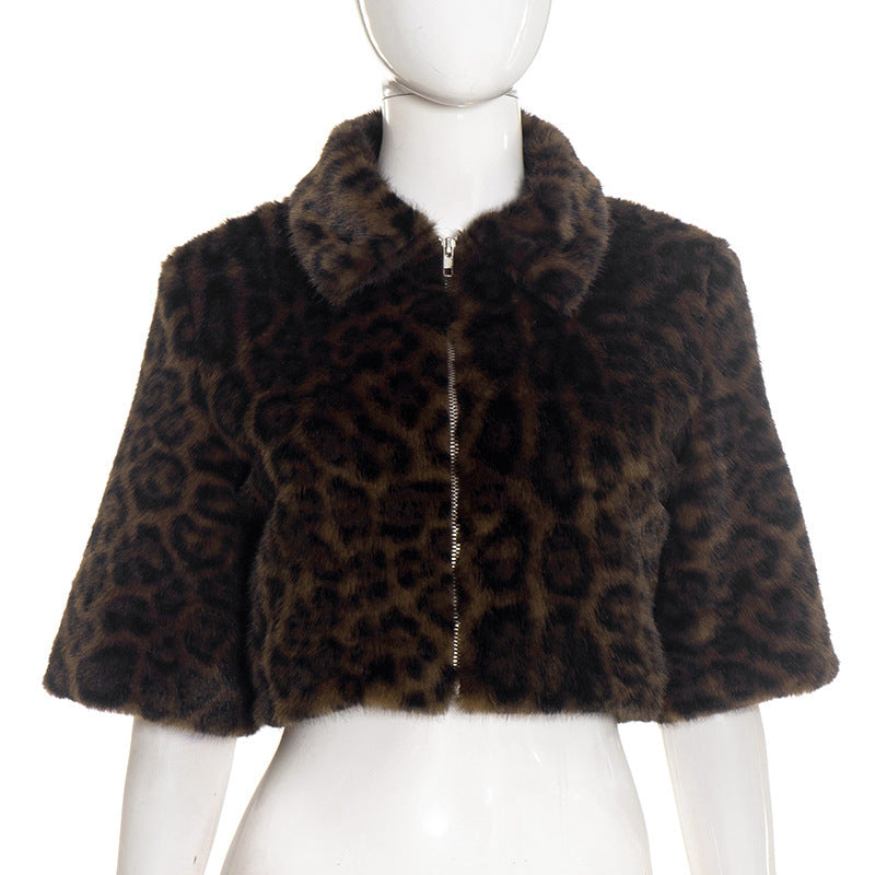 Women's Fashion Polo Collar Leopard Zipper Fur Blouses