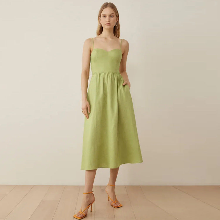 Women's Green Suspenders Linen Mid-length Dress French Dresses