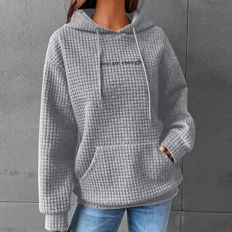 Women's Waffle Hooded Long Sleeve Letter Print Sweatshirt Women's Sweater, Sweater