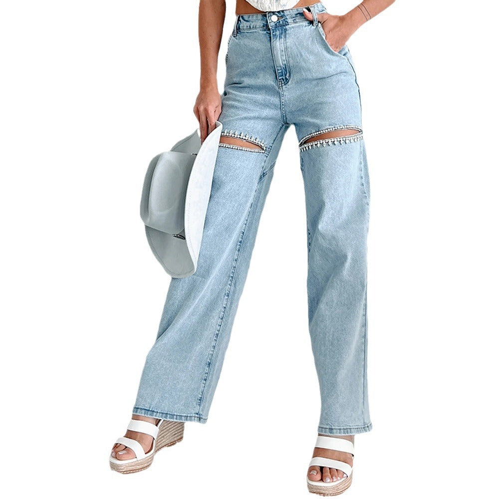 Autumn Fashion Casual Rhinestone Ripped Straight Jeans