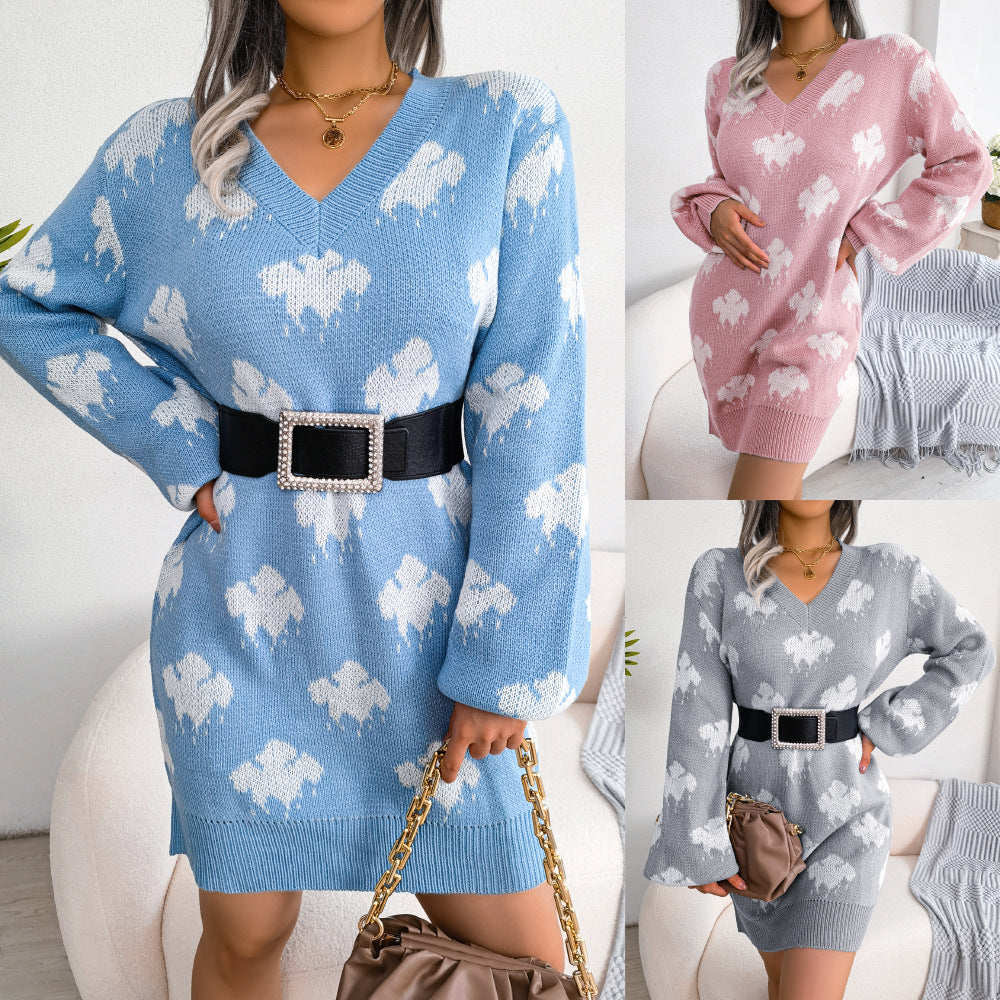 Women's Style Contrast Color Cloud Lantern Sleeve Dress
