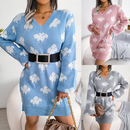 Women's Style Contrast Color Cloud Lantern Sleeve Dress