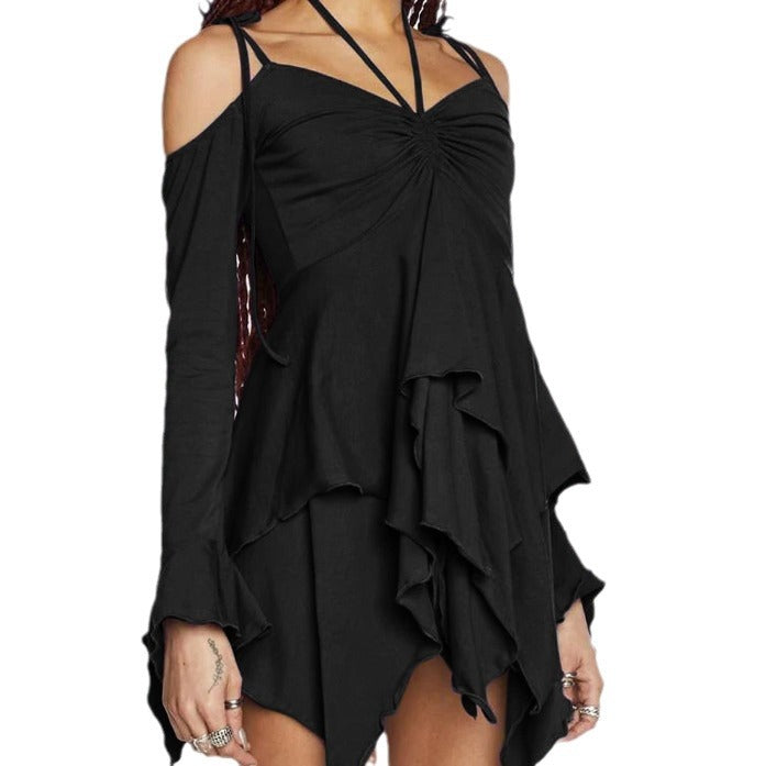 Women's Style Milk Silk Patchwork Cold-shoulder Long Sleeve High Waist Slip Clothing