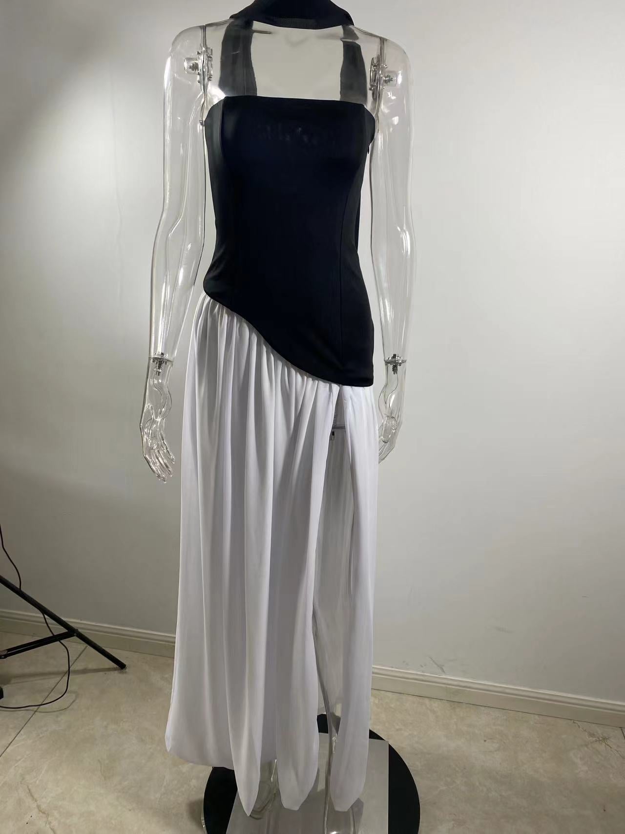 Elegant Contrast Color Tight Zipper Irregular Slit Dresses