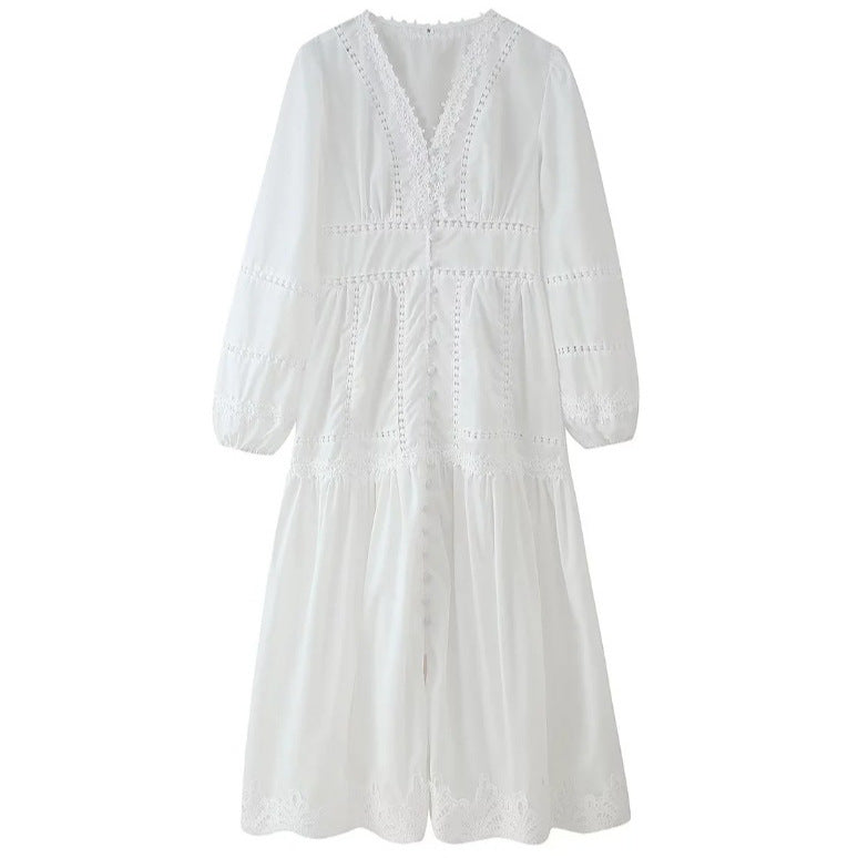 Women's Elegant Stitching Lace Design Long Sleeve Dresses