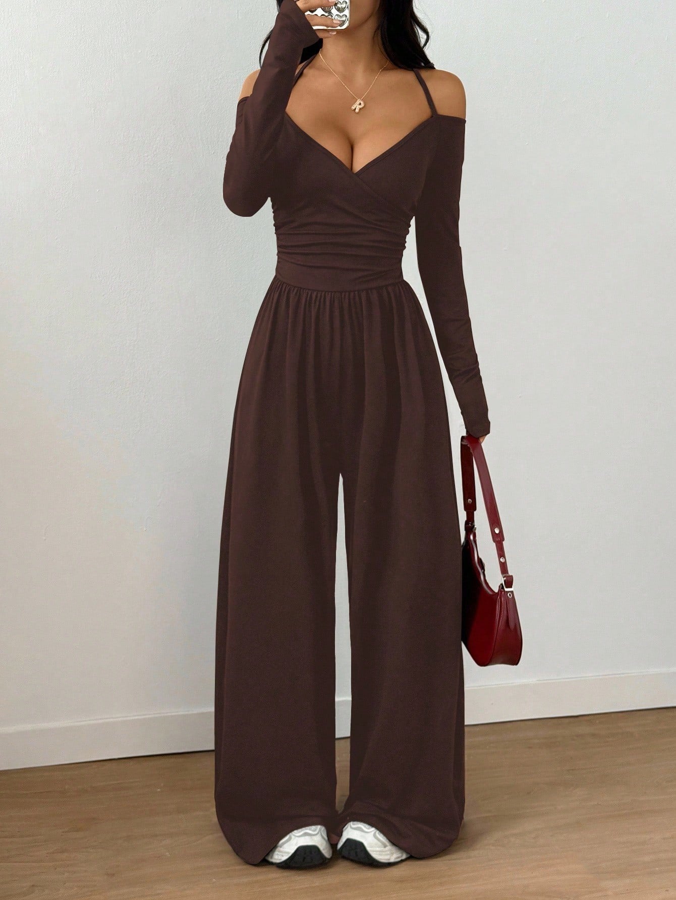Women's Halter Long Sleeve Tight Waist Wide Leg Women's Jumpsuit/clothing