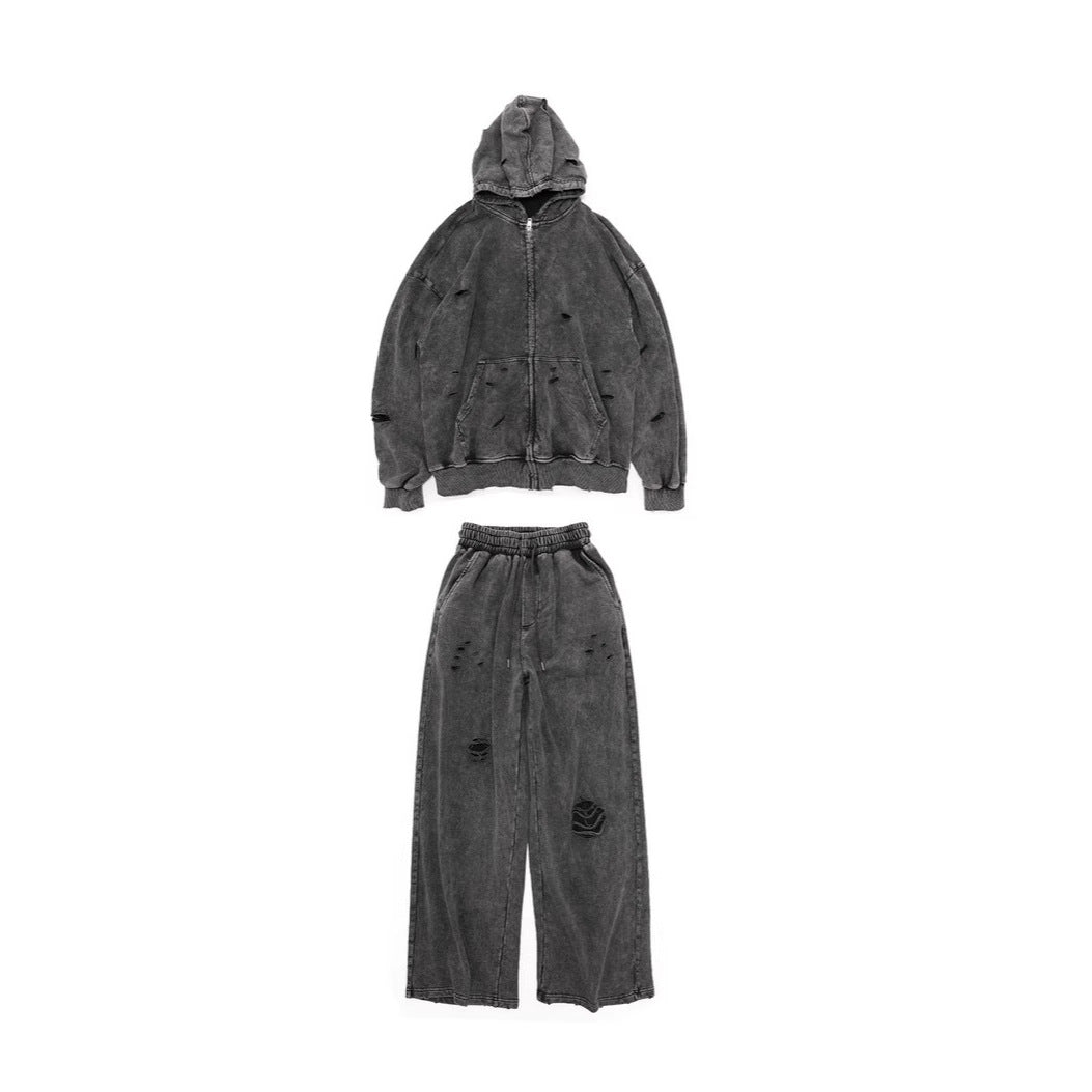 Ripped Long Sleeves Hooded Washed Heavy Sweaters