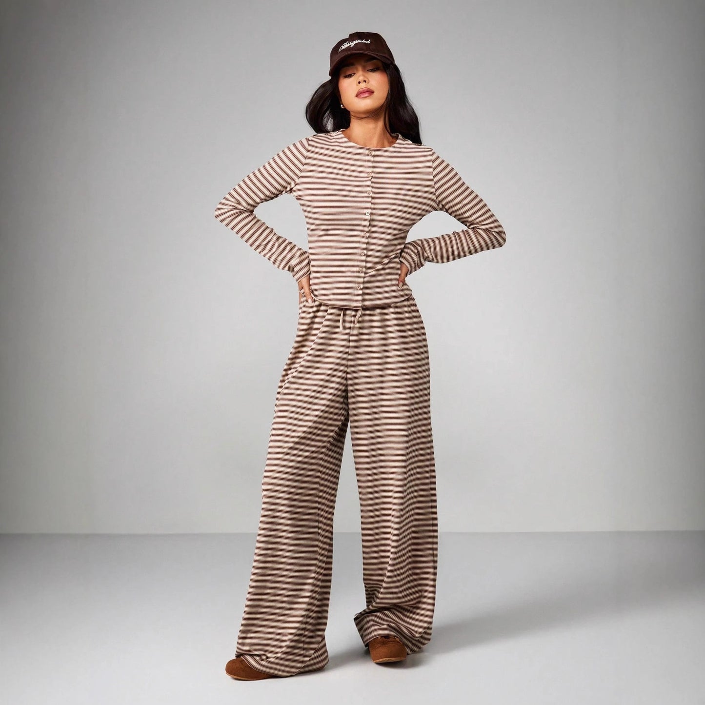 Women's Button Long Sleeve Drawstring Trousers Casual Suits
