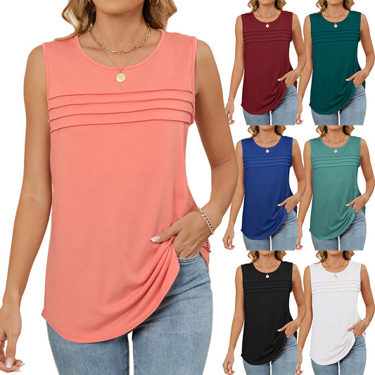 Women's Solid Color Round Neck Loose Sleeveless Women's T-shirt