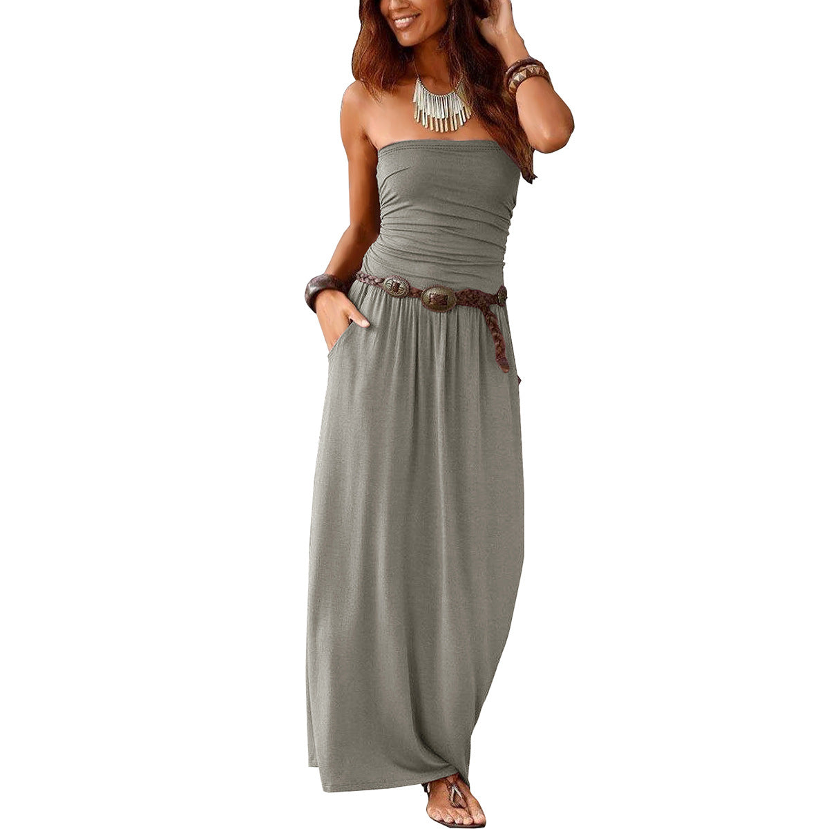 Women's Collar Sleeveless Cold-shoulder Long Double Pocket Dress