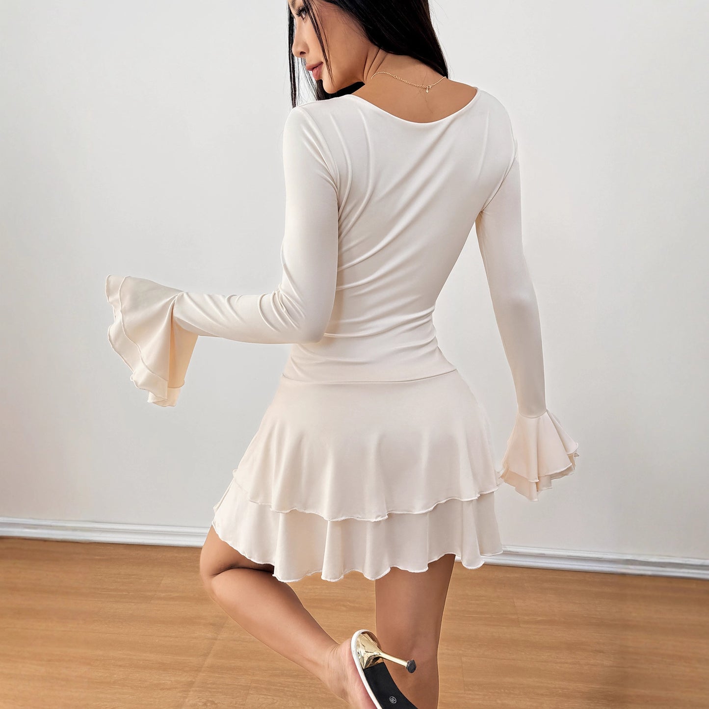 Women's High Waist Solid Color Long-sleeved Dress