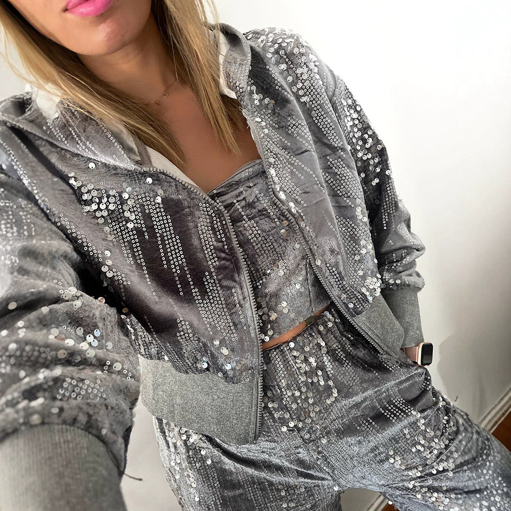 Dark Gray Suede Sequins Jacquard Casual Jumpsuits