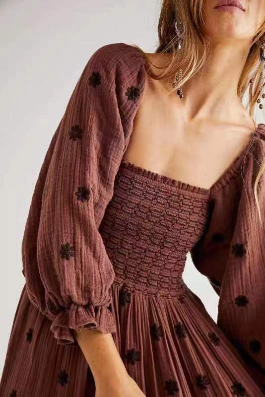 Autumn Casual Bell Sleeve Smocking Embroidered Square Dresses