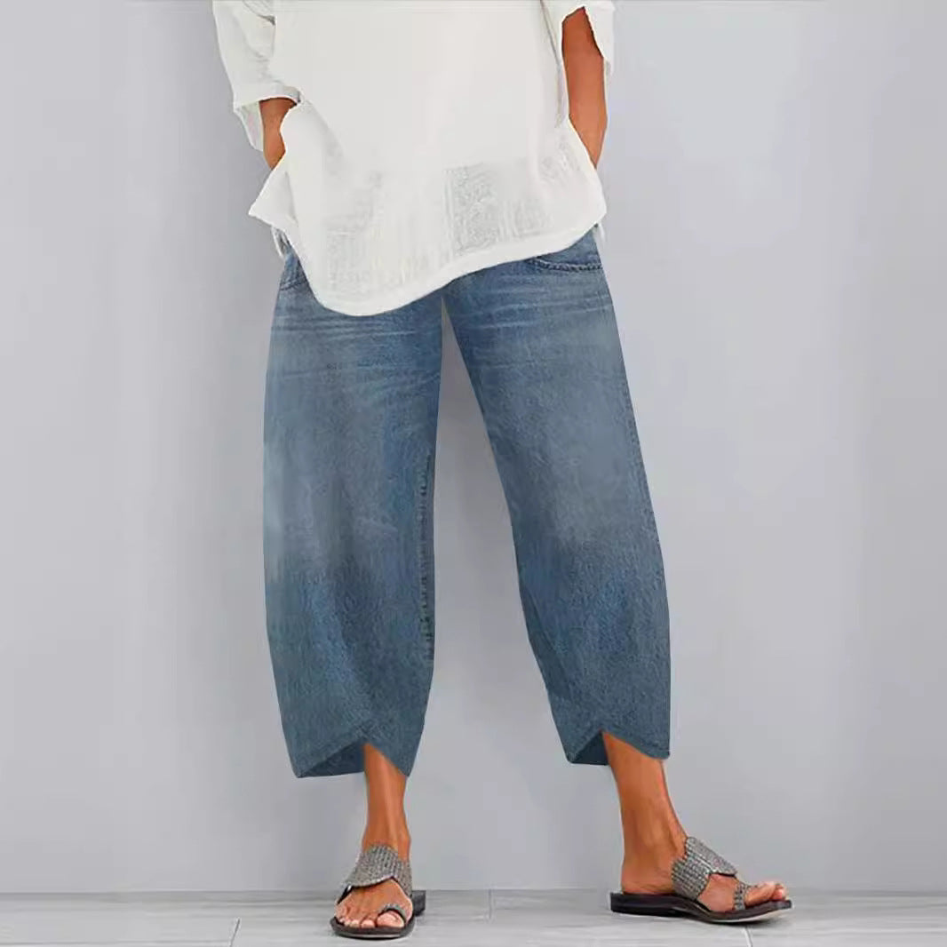 Women's British Retro Worn Harem Cropped Jeans