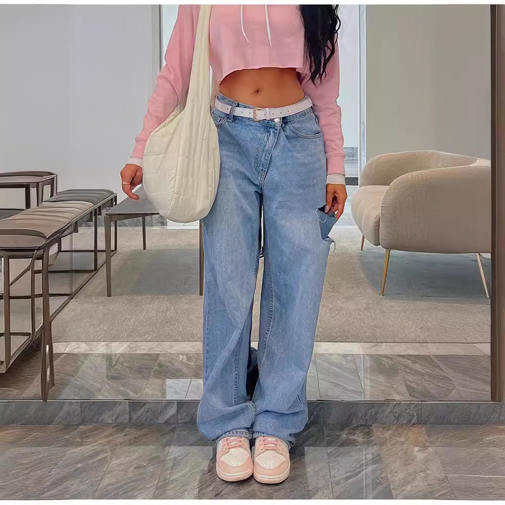 Women's Fashionable Oblique Waist Low Loose Hole Women's Jeans