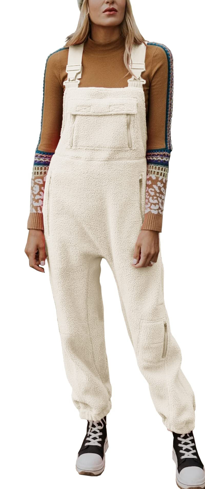 Women's Pocket Solid Color Lamb Wool Adjustable Jumpsuits
