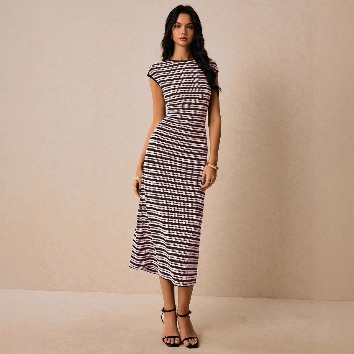 Women's Striped Knitted Midi With Shoulder Sleeves Slim Fit Dress