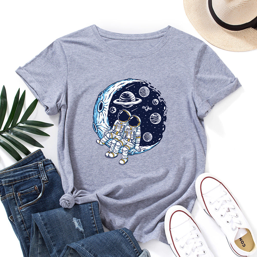 Women's Cotton Loose Round Neck Sleeve Moon Women's T-shirt