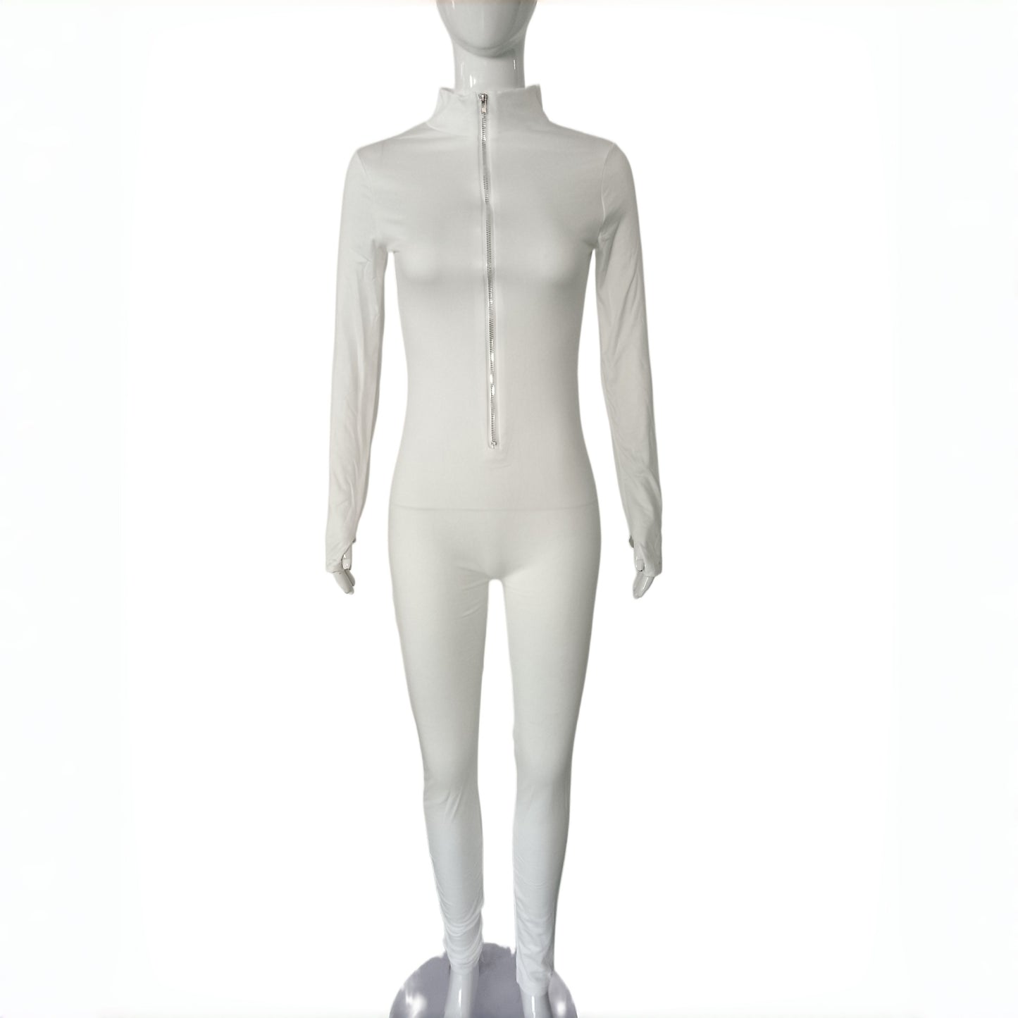 Women's Zipped Stand Collar Solid Color Long-sleeved One-piece Trousers Tights Jumpsuits