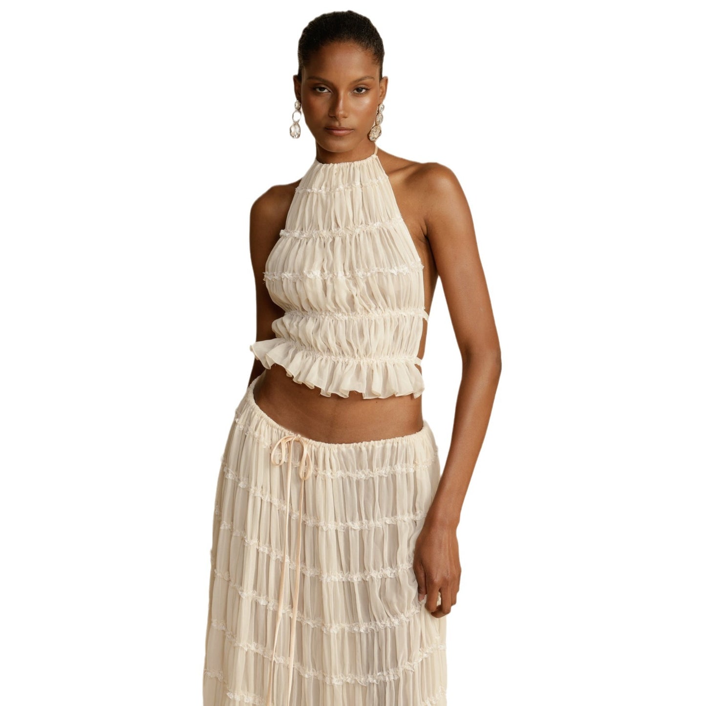 Wooden Ear Chiffon Pleated Dress Two-piece Suits