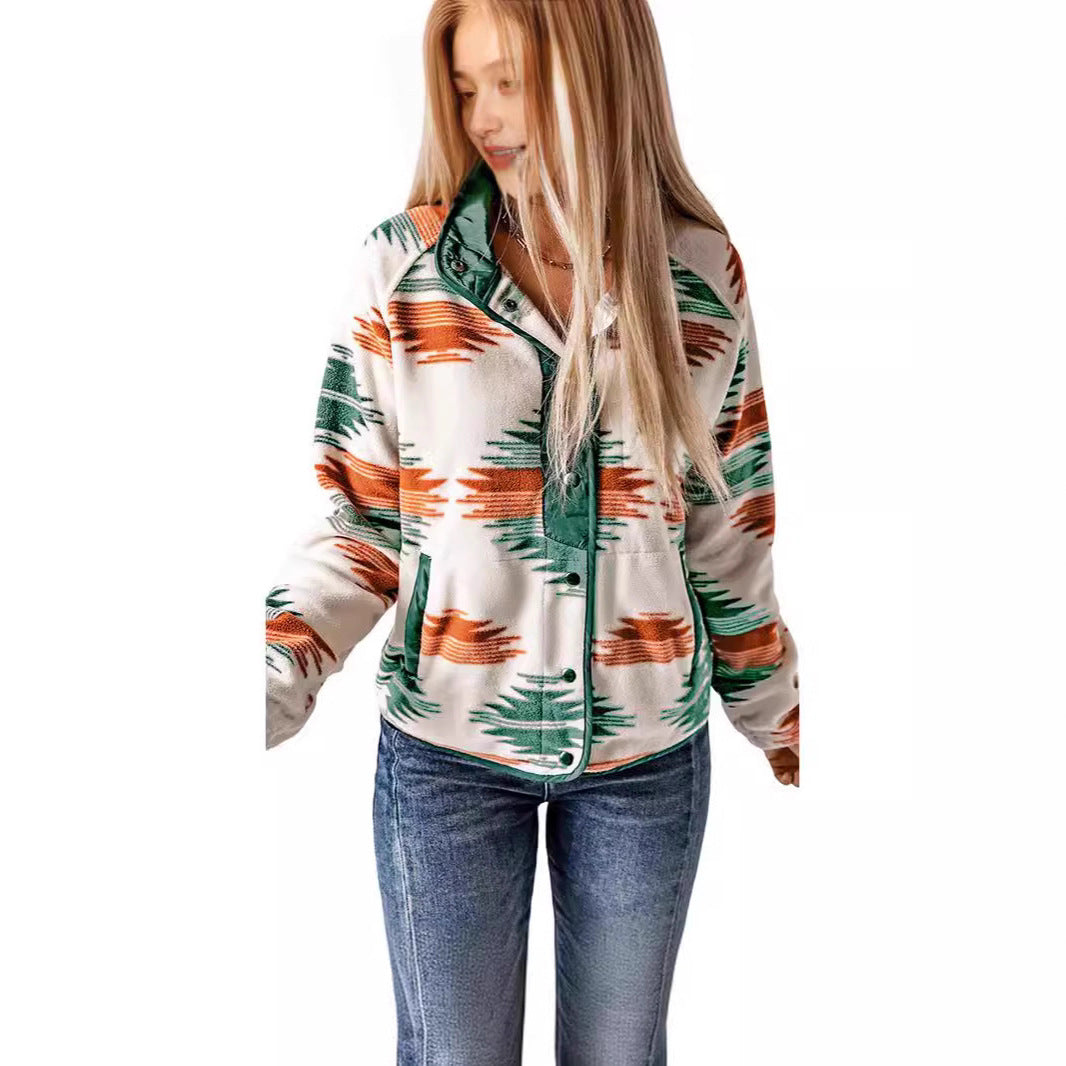Women's Painting Round Neck Button Pocket Casual Jackets