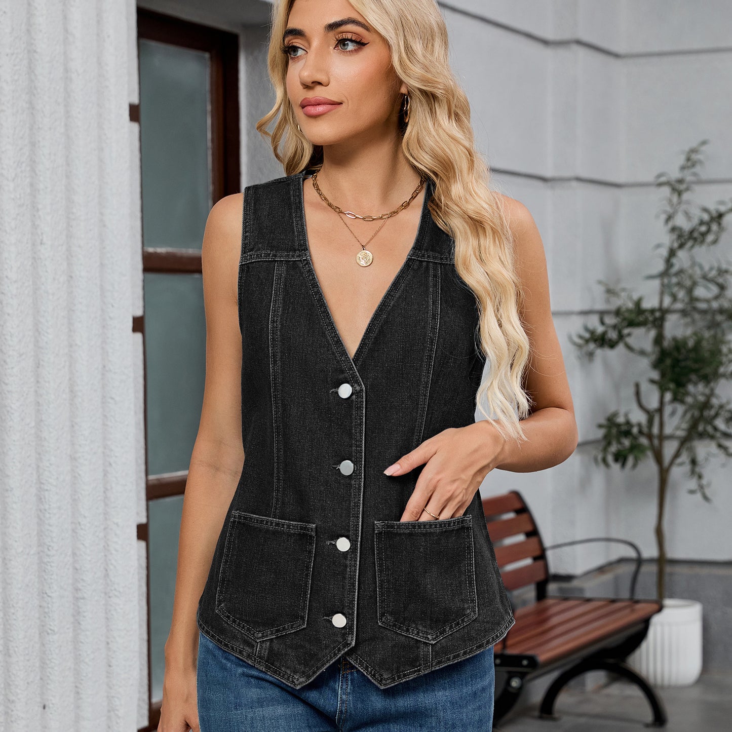 New Women's Washed Sleeveless Denim Fashion Vests