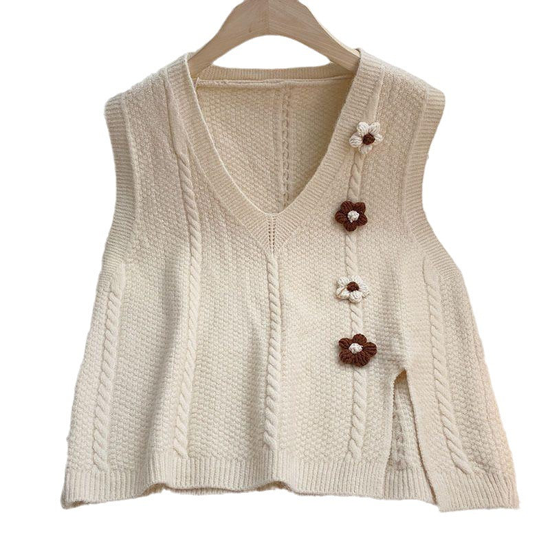 Artistic Retro Split Solid Color Three-dimensional Flower Loose Outer Women's Vest