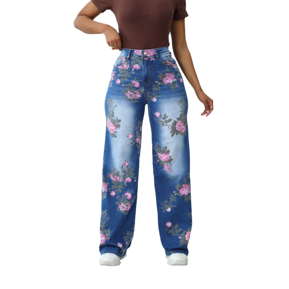 Waist Stretch Vintage Random Print Loose Wide Jeans
