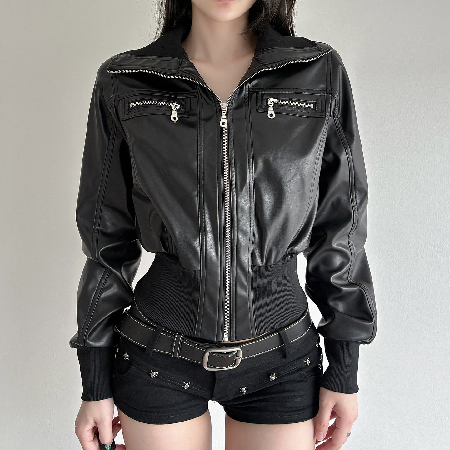 Women's American Style Retro Dark Leather Pocket Stitching Easy Jackets