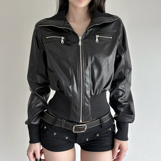 Women's American Style Retro Dark Leather Pocket Stitching Easy Jackets
