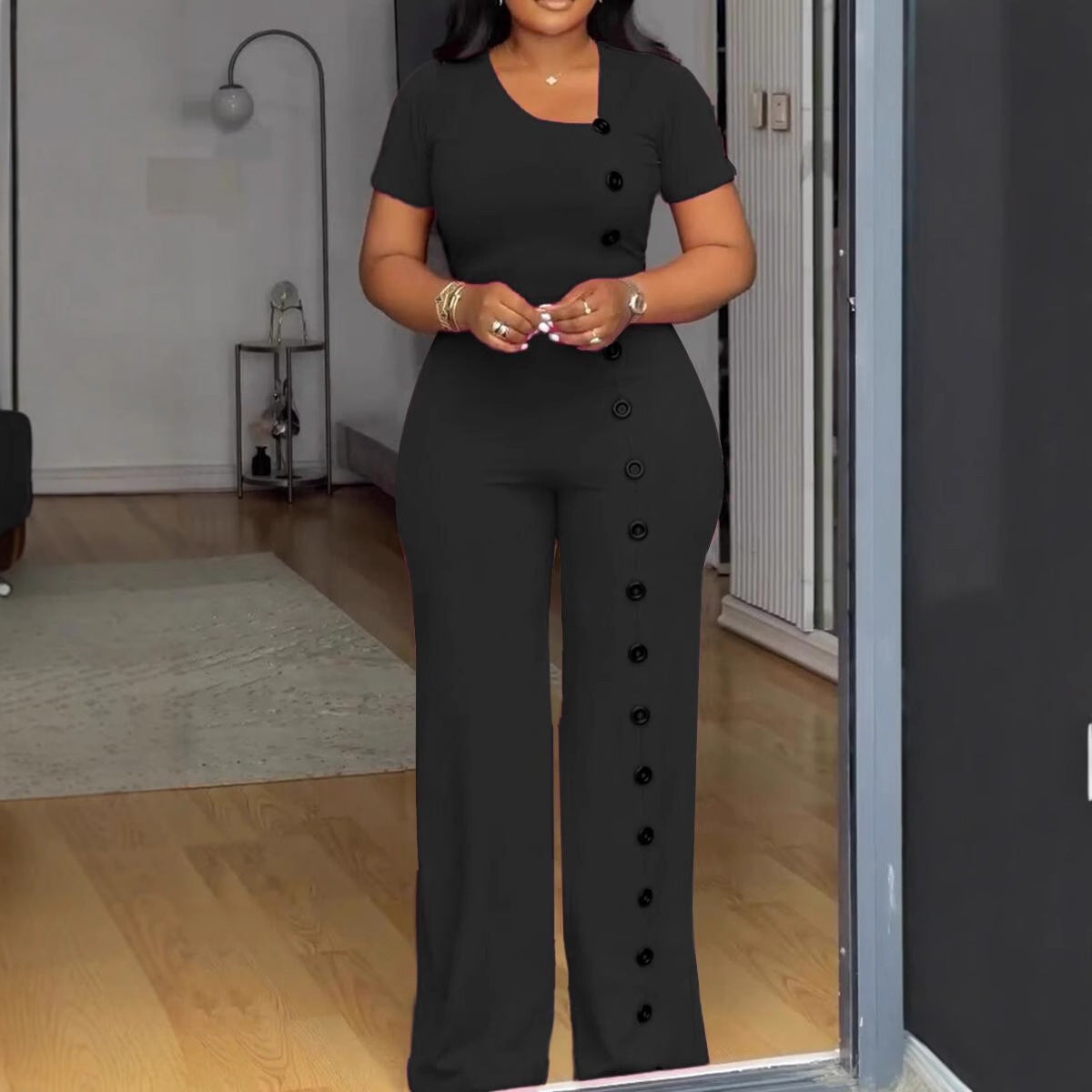 Irregular Neckline Waist Wide Leg Breasted Jumpsuits