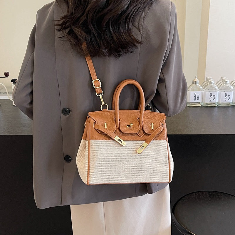 Women's Trendy Summer Lychee Pattern Canvas Contrast Shoulder Bags