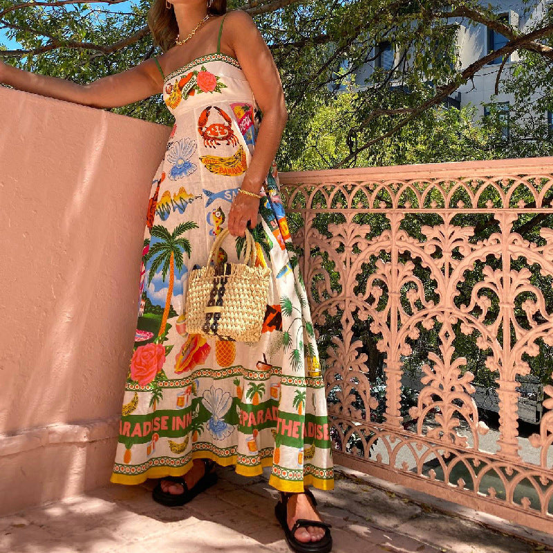 Women's Sexy Sling Iti Printing Sleeveless High Waist Large Dress