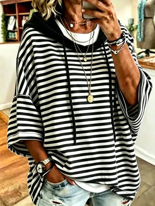 Women's Loose Casual Striped Hooded Sleeve Sweatshirt Women's Sweater, Sweater