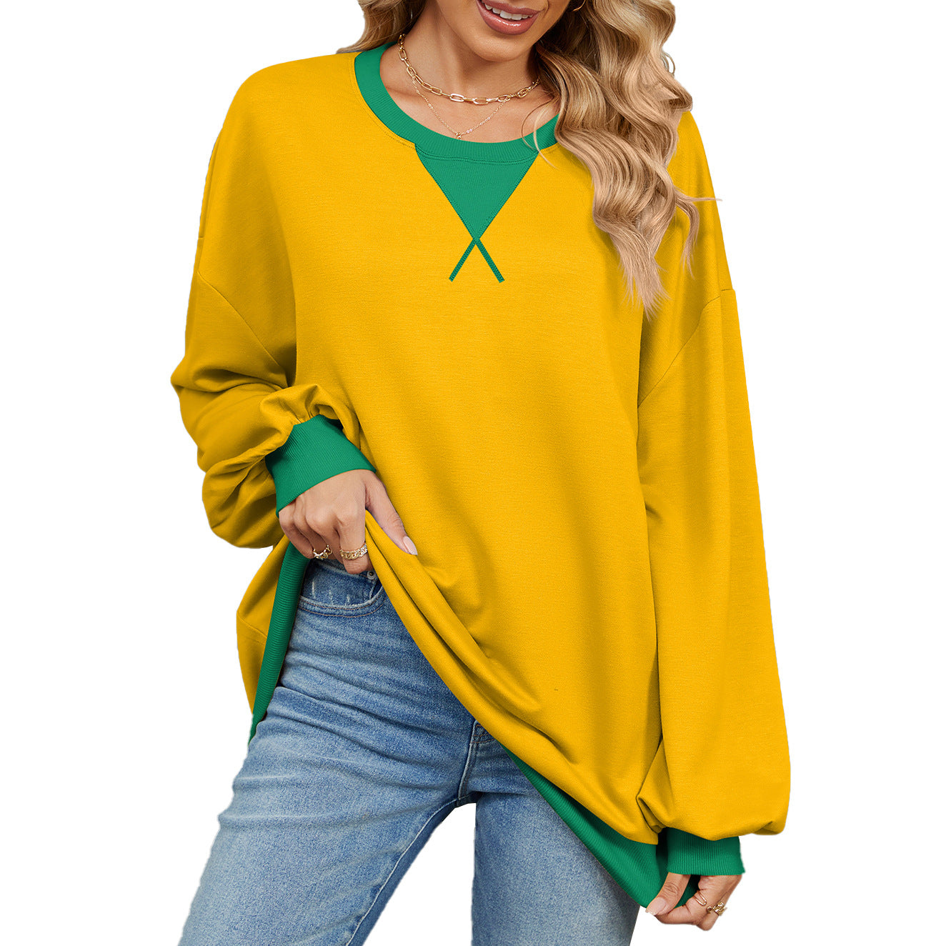 Women's Contrast Color Round Neck Loose Long Women's Sweater, Sweater