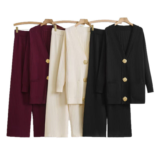 Metal Button Wide Leg Knitted Mid-length Suits