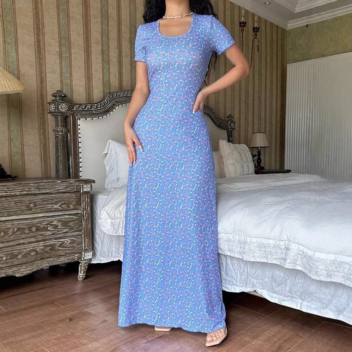 Women's Summer Fashion Printed Collar Back Tie Clothing