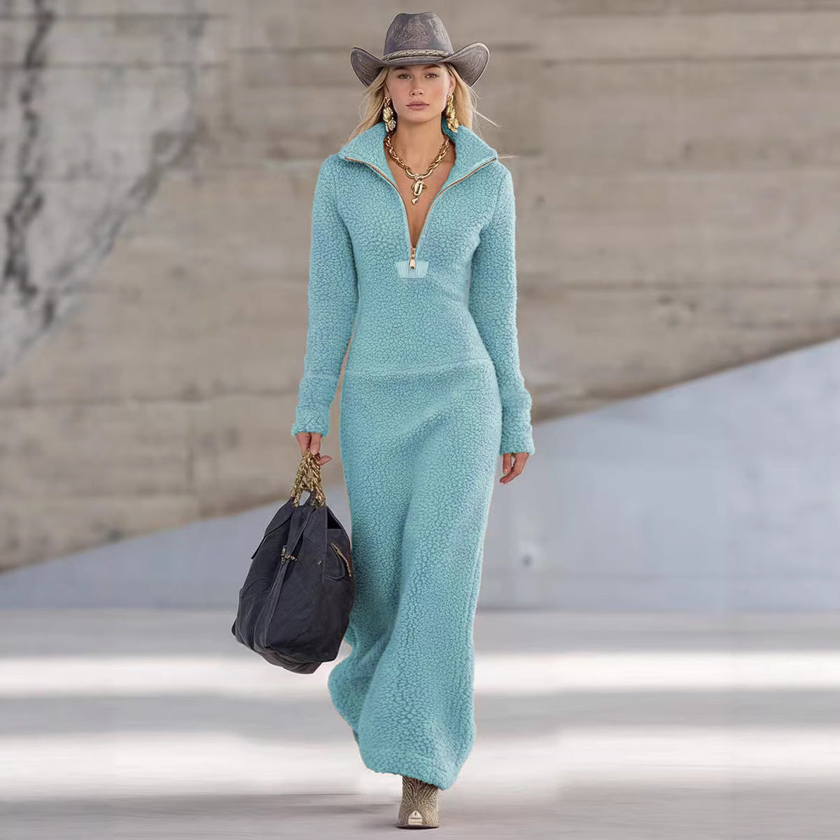 Women's Polar Fleece Zipper Collar Slim Long Dress Female Dresses