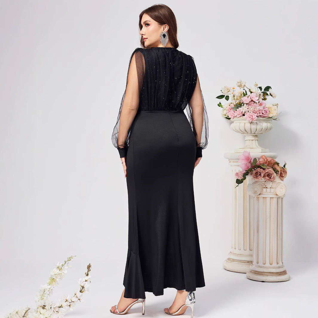 Women's Collar Net Yarn Sleeve Elegant Large Dresses