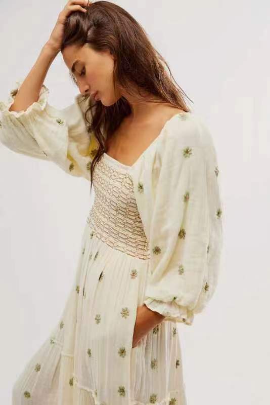 Autumn Casual Bell Sleeve Smocking Embroidered Square Dresses