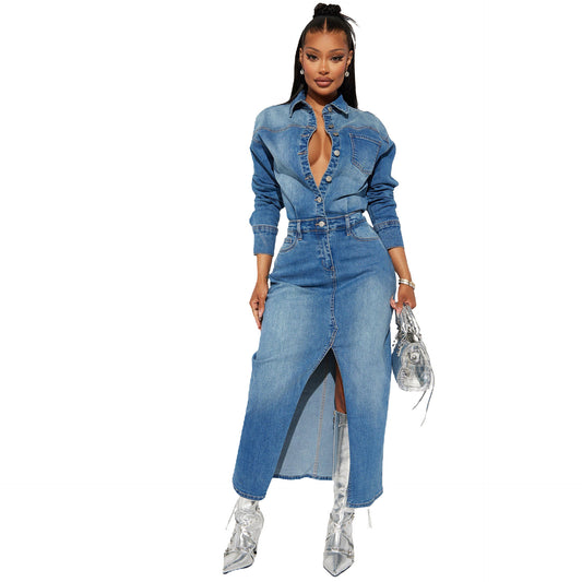 Women's Fashion Wear Long Sleeve Denim Trench Dresses