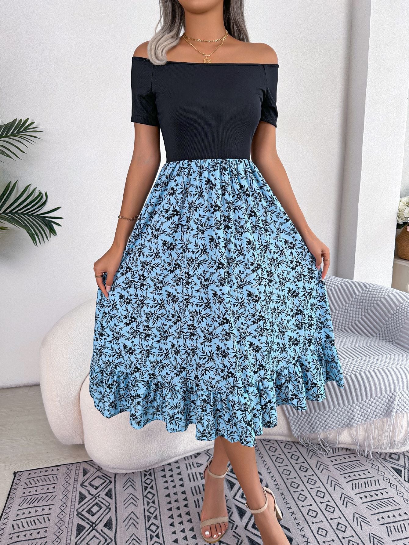 Durable Women's Casual Flower Ruffles Mid-length Dress
