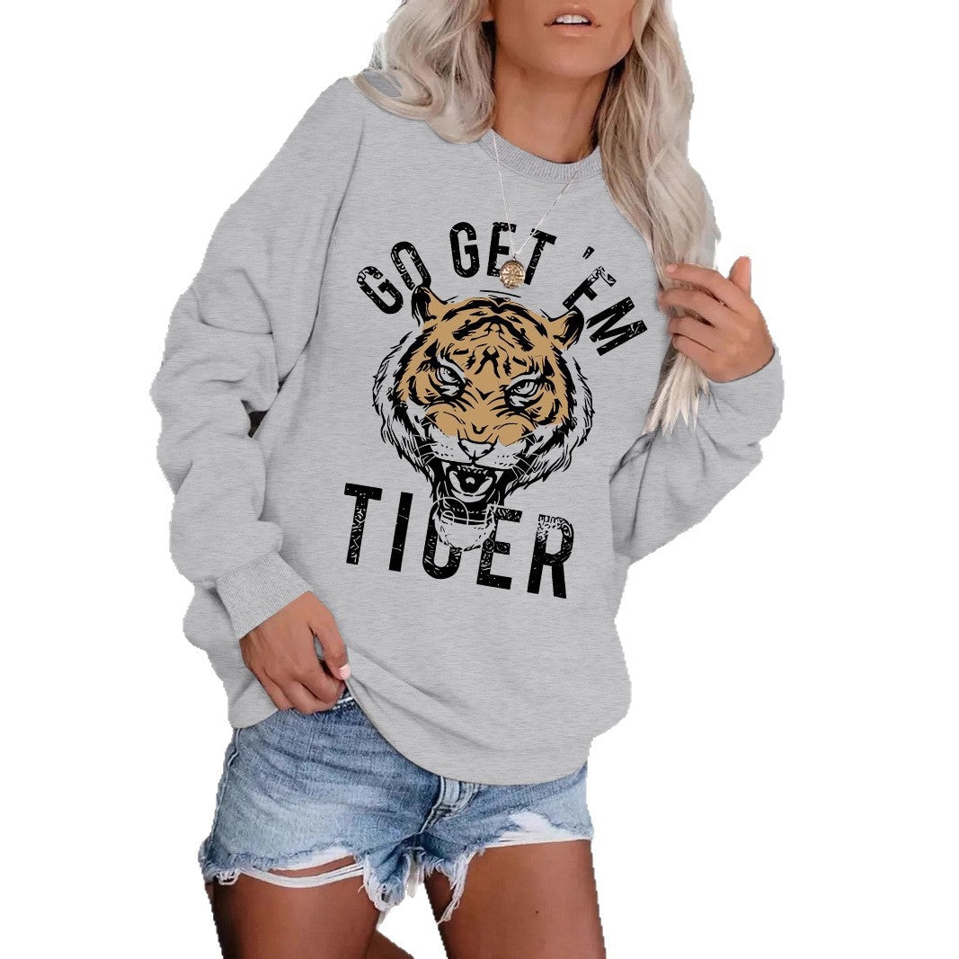 Women's Round Neck Tiger Head Portrait Printing Stylish Tops